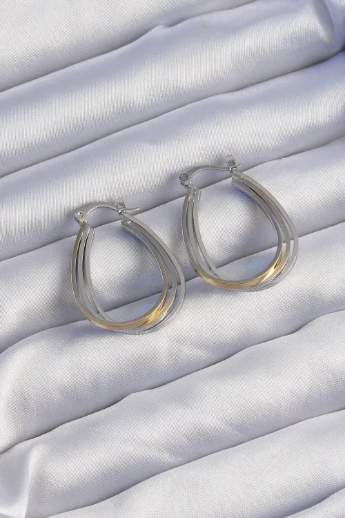 ietaks™ Pirinç Gold Gümüş Renkli Oval Çoklu Görünümlü Küpe