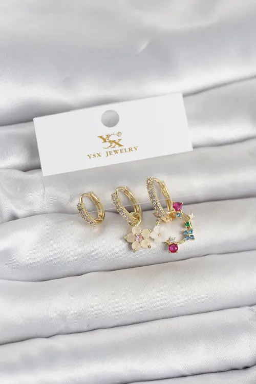 ietaks™ Pirinç Gold Renk Çiçek Model 3lü Kadın Küpe