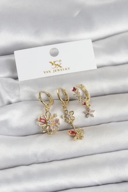 ietaks™ Pirinç Gold Renk Çiçek Model 3lü Kadın Küpe