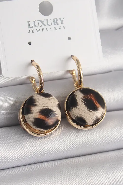 ietaks™ Pirinç Gold Renk Leopar Desenli Daire Model Kadın Küpe