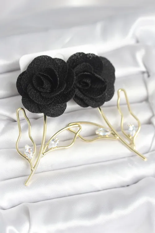ietaks™ Pirinç Gold Renk Siyah Gül Model Kadın Küpe