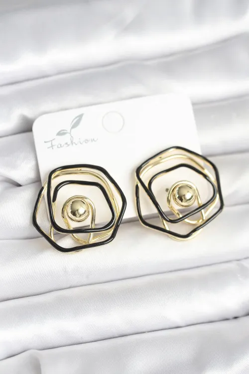 ietaks™ Pirinç Gold Renk Siyah Mineli Geometrik Gül Model Kadın Küpe