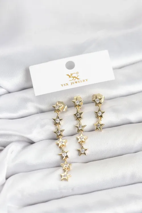 ietaks™ Pirinç Gold Renk Yıldız Model YSX Trio Küpe Seti