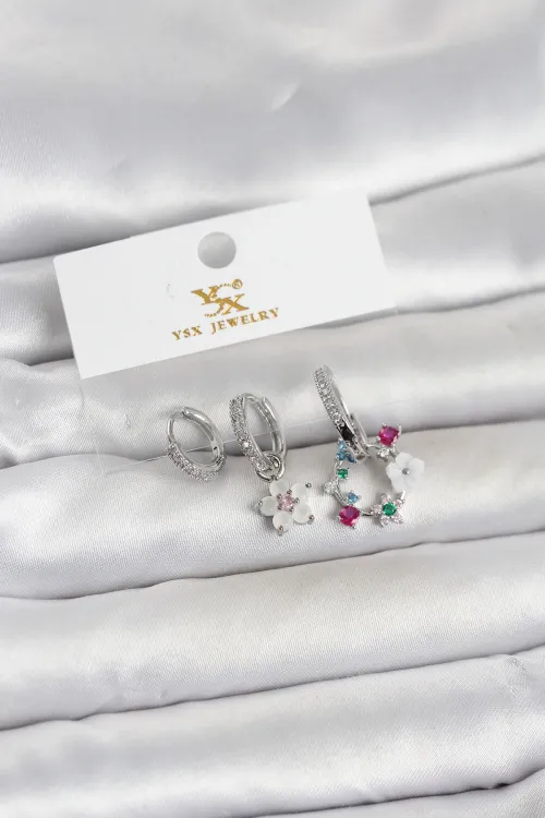 ietaks™ Pirinç Gümüş Renk Çiçek Model 3lü Kadın Küpe