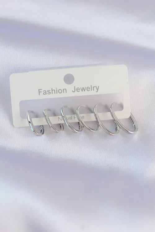 ietaks™ Pirinç Gümüş Renk İnce Oval Küpe Seti