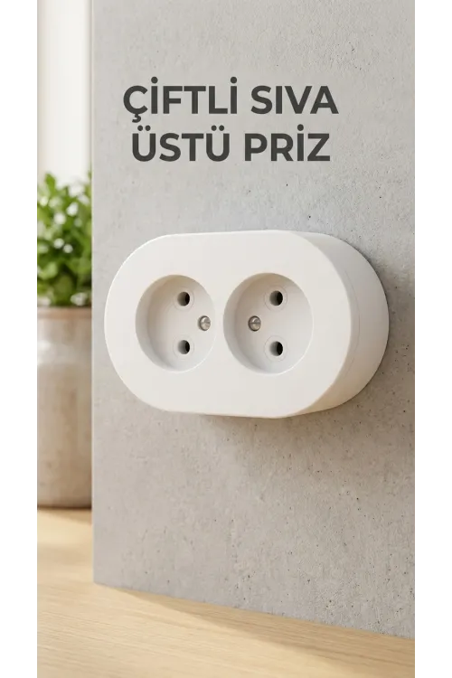 İkili Beyaz Topraklı Priz Modern Sıva Üstü Tasarım Duvar Elektrik Prizi