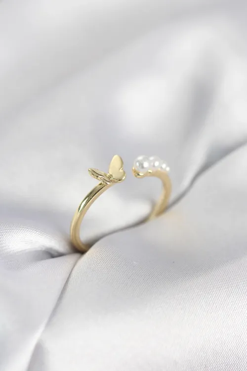 İncili Kelebek Model Gold Renk Pirinç Kadın Yüzük
