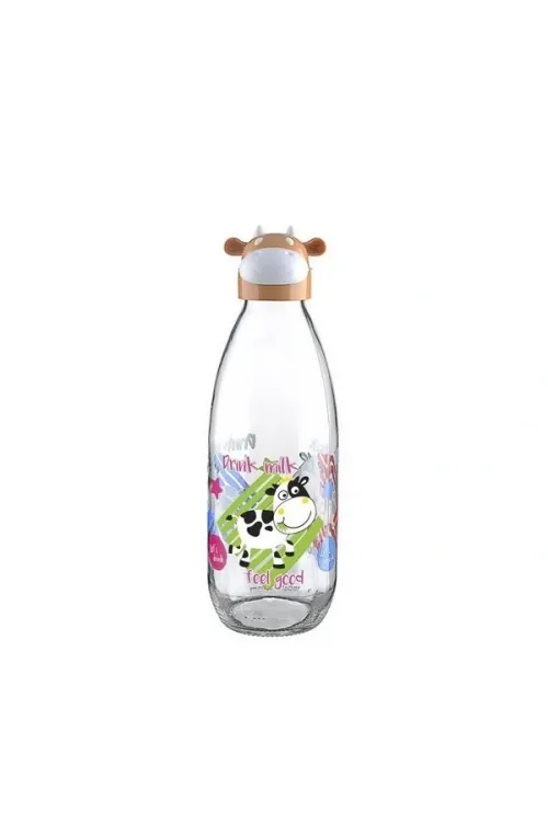 İnek Tasarımlı Sevimli Cam Suluk - Süt Şişesi 1000 Ml