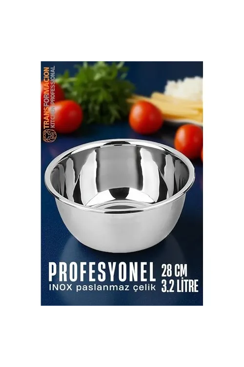 Inox Kase  - 28 Cm 3.2 Litre Karıştırma Kabı Profesyonel 304 Paslanmaz Çelik