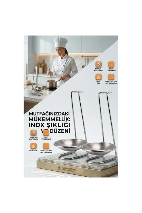 Inox Kepçe Standı - 2 li Kaşık Kepçe Standı- Profesyonel Şef Tasarımı 722045