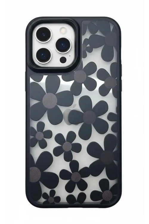 İphone 16 Pro Max Çiçekli Kılıf Bağlama Aparatlı Siyah