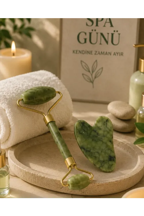 Jade Stone Yüz Bakım Seti Gua Sha Ve Roller Masaj Taşı