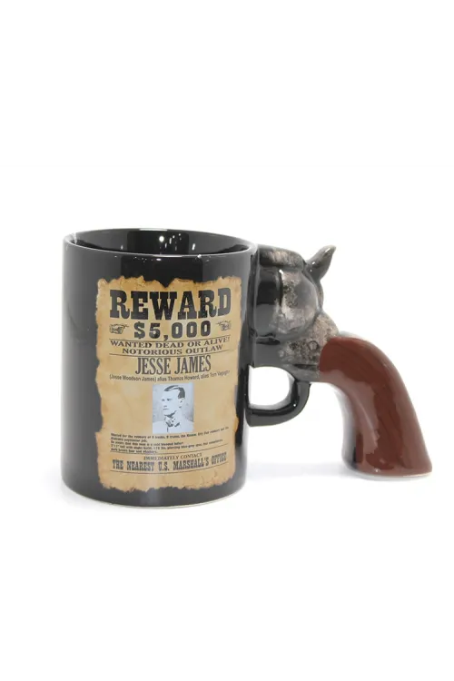 Jesse James Wanted İlanlı Tabanca Porselen Kupa Bardak