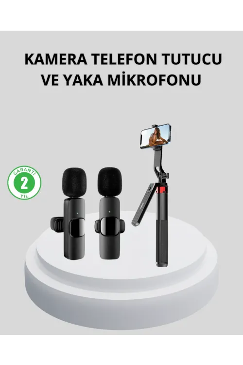 Kablosuz Çift Yaka Mikrofonu Ve Tripodlu Selfie Çubuğu İçerik Üretici Seti