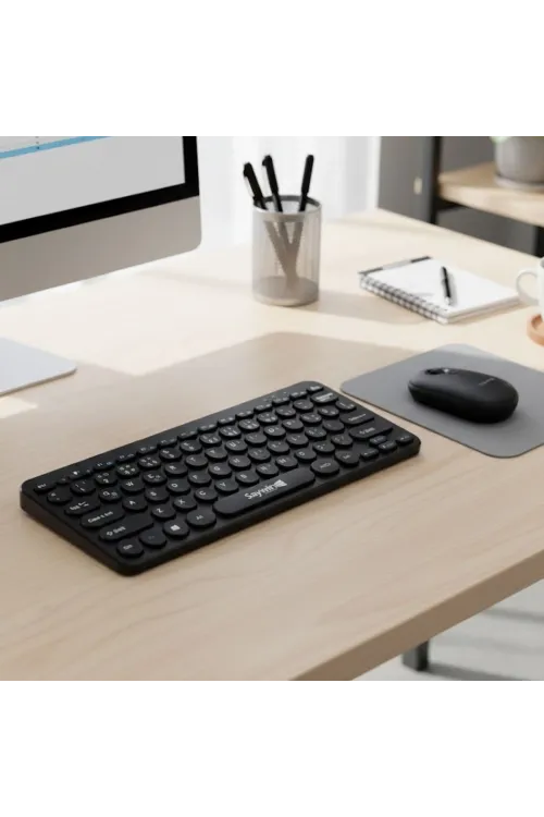 Kablosuz Lacivert Bluetooth Klavye Mouse Seti – Yuvarlak Tuşlu Tasarım, Türkçe Q Dizilim, Taşınabilir, Ev ve Ofis Kullanımına Uygun