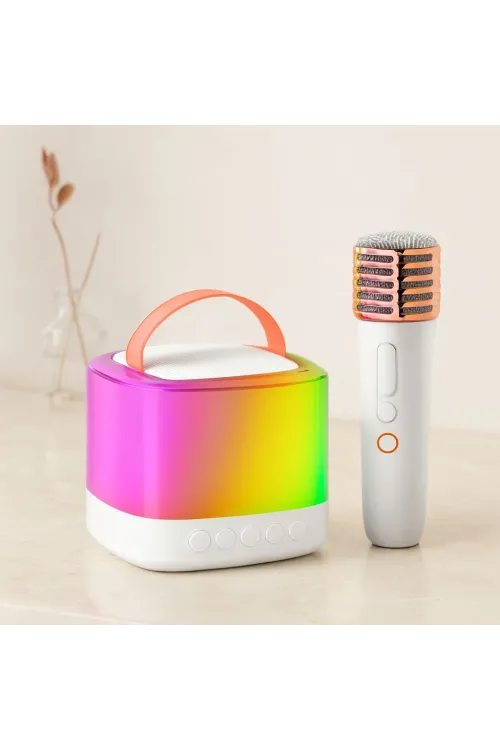 Kablosuz Mikrofonlu Karaoke Hoparlör (Bluetooth, Beyaz, USB Şarjlı)