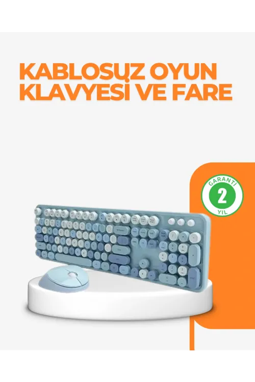 Kablosuz Retro Klavye Ve Mouse Seti – 104 Tuşlu Sevimli Tasarım