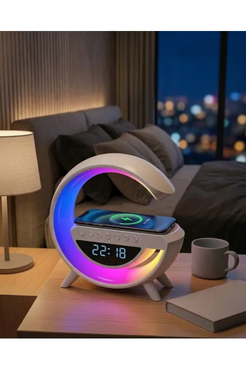 Kablosuz Şarjlı Led Işıklı Masa Saati Bluetooth Hoparlör Alarm Fonksiyonlu