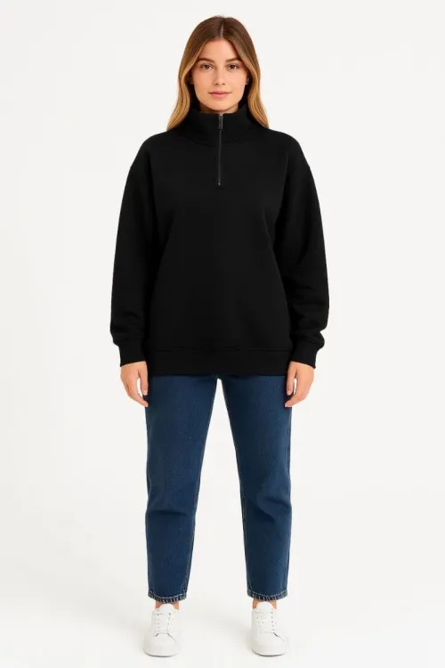 Kadın 3 İplik Pamuklu Dık Yaka Yarım Fermuarlı SweatShirt - Siyah