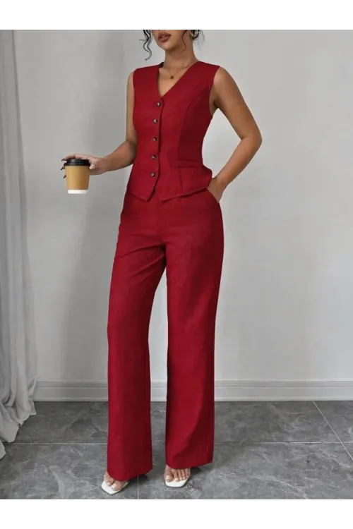 Kadın Askılı önden Düğmeli Bluz Ve Pantolon Keten Ikili Takım