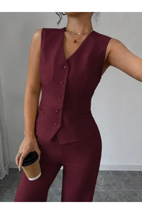 Kadın Askılı önden Düğmeli Bluz Ve Pantolon Keten Ikili Takım