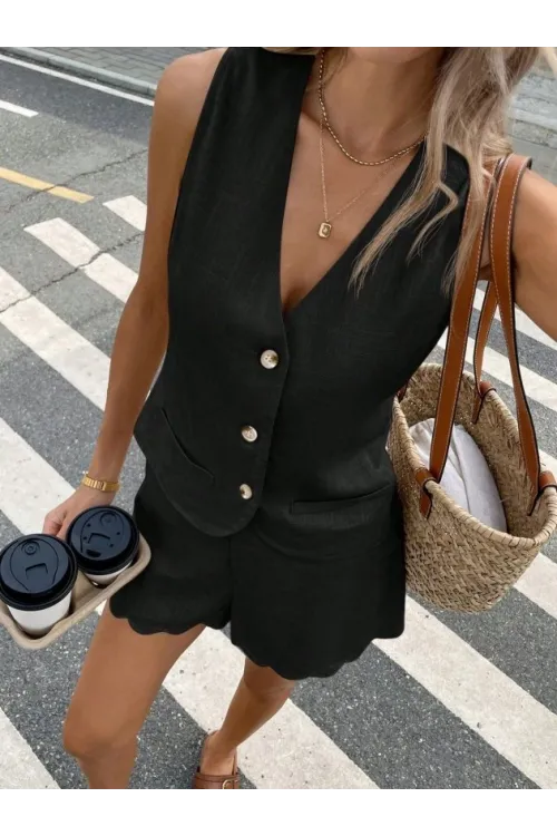 Kadın Askılı V Yakalı önden Düğmelı Bluz Ve Short Ikli Takım