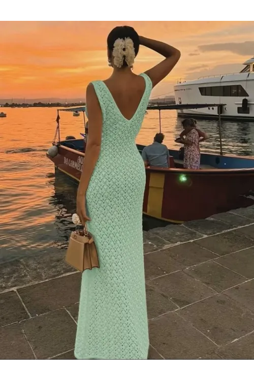 Kadın Askılı V Yakalı Uzun Triko Elbise