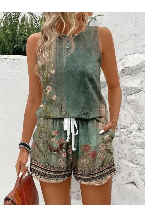 Kadın Askılı Yuvarlak Yaka çiçek Baskılı Süprme Bluz Ve Short Ikili Takım