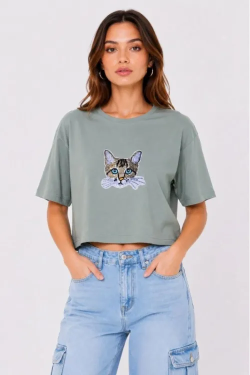 Kadın Kedi Baskılı Oversize Crop Tişört Salaş Basic Yarım Kol T-shirt - Mint Yeşili