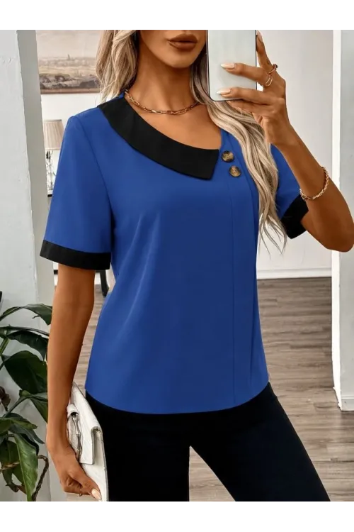 Kadın Kısa Kollu Asımetrik Yaka Detaylı Düğmeli Dubai Bluz
