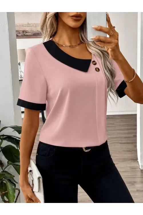 Kadın Kısa Kollu Asımetrik Yaka Detaylı Düğmeli Dubai Bluz