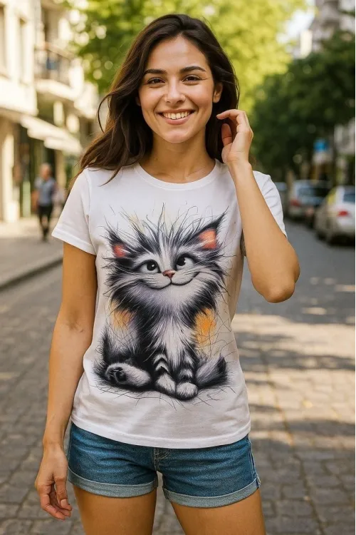 Kadın Kısa Kollu Bisiklet Yaka Kedi Baskılı Süprem Bluz