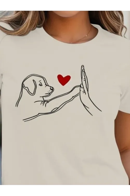 Kadın Kısa Kollu Bisiklet Yaka Köpek Baskılı Viskon Bluz