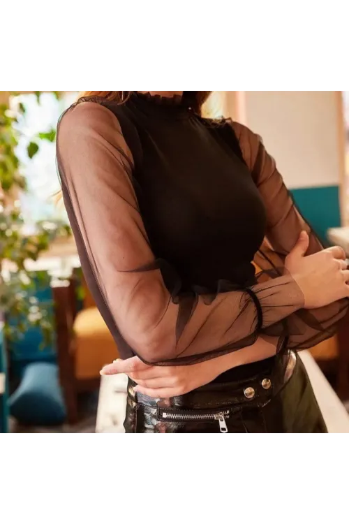 Kadın Kolları Tül Detaylı örme Krep Kumaş Bluz