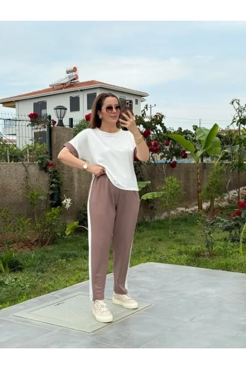 Kadın Modal Dokulu Kumaş Yanı şeritli Takım