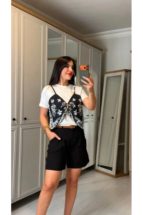 Kadın şal Desen Detay Bluz Ve Keten şort Ikili Takım