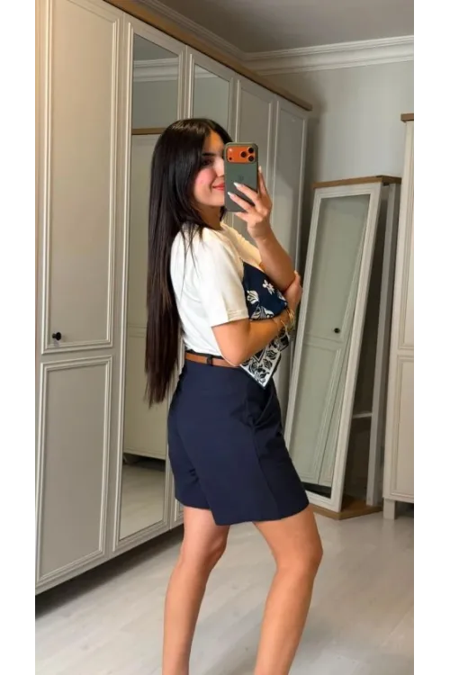 Kadın şal Desen Detay Bluz Ve Keten şort Ikili Takım