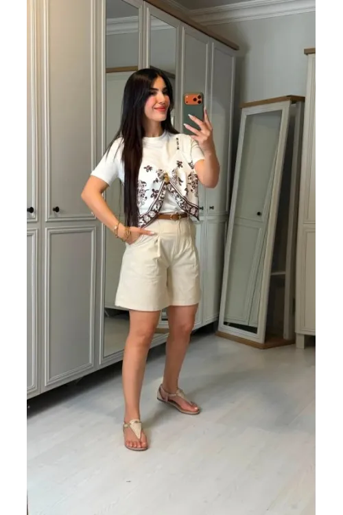 Kadın şal Desen Detay Bluz Ve Keten şort Ikili Takım