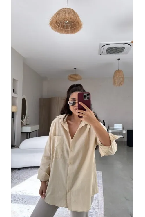 Kadın Tek Cepli Over Size Ketem Gömlek