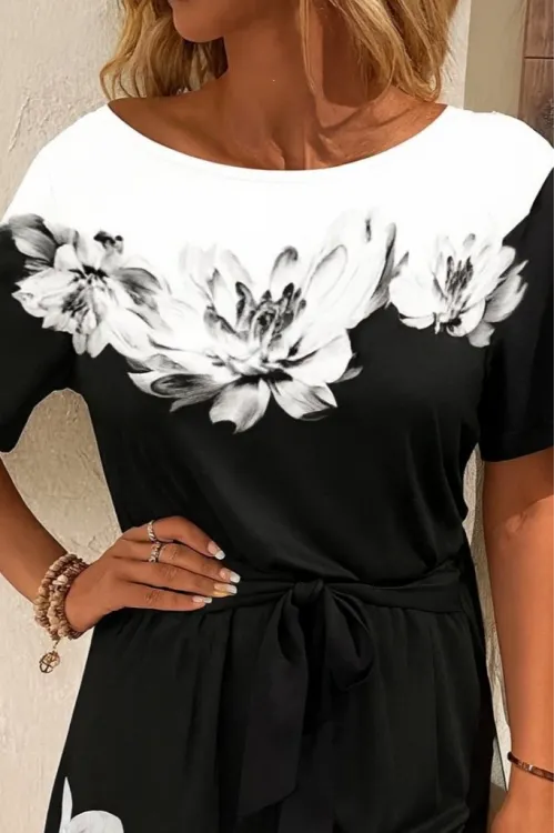 Kadın Tek Omuzu Açık çiçek Desenli Beli Kuşaklı Iki Iplik Mini Short Tulum