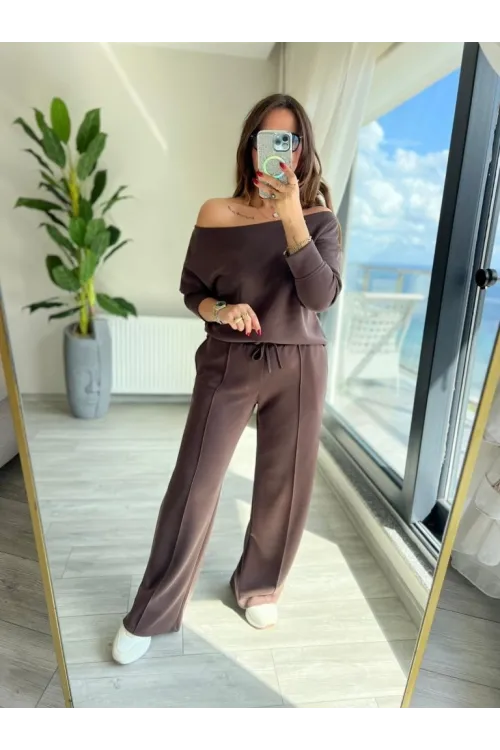 Kadın Uzun Kollu Tek Omuzdan Açık Modal Bluz Ve Pantolon Ikili Takım