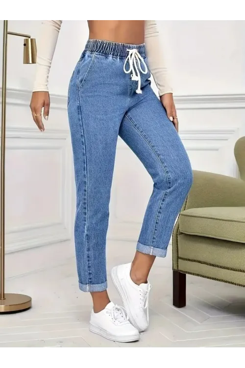 Kadın Yüksek Bel Bağcıklı Kot Pantolon