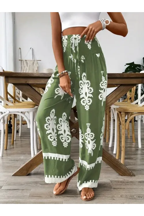 Kadın Yüksek Bel Büzgülü Etnik Desen Baskılı Süprem Pantolon
