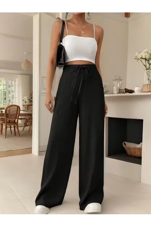 Kadın Yüksek Bel önden Bağlamalı Geniş Kesim Keten Pantolon