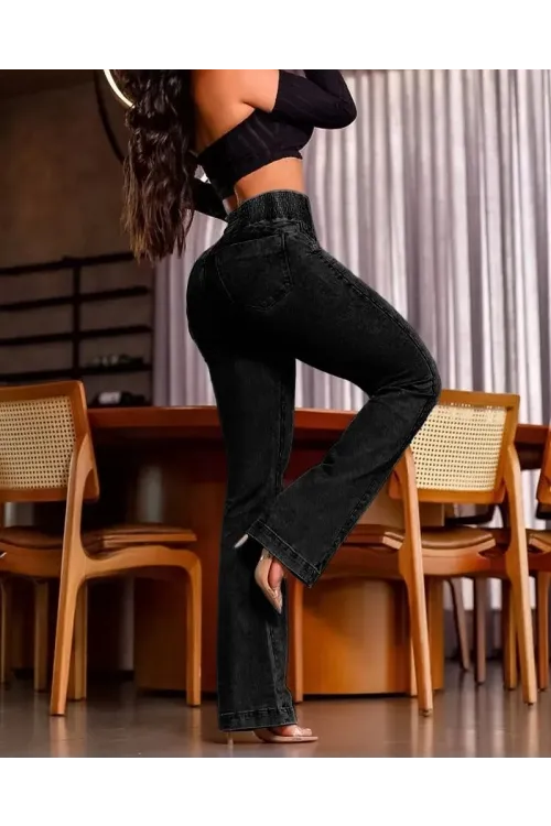 Kadın Yüksek Bel Yanları Lastik önü Düğmeli Kot Pantolon