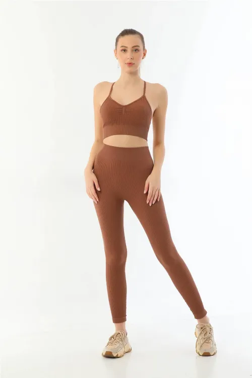 ieg™ KAHVE MI  3921 Soft Seamless Ripli Tayt Yoga Takımı