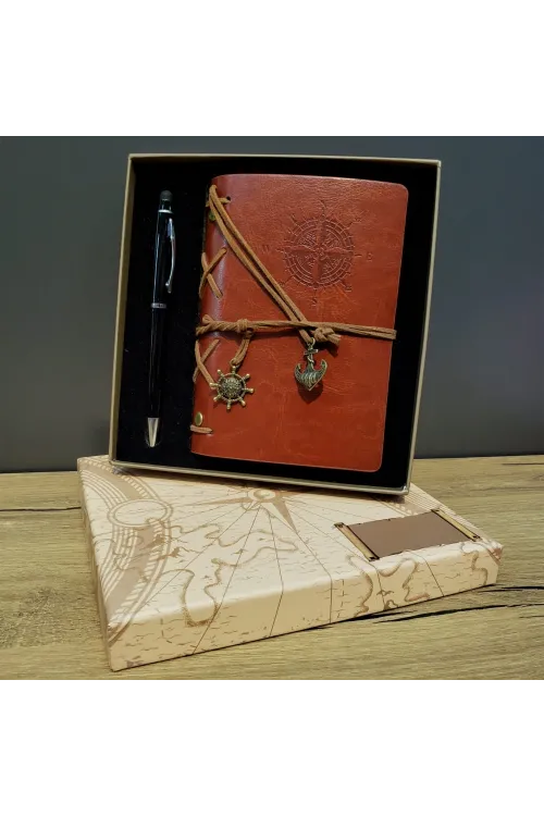 Kahverengi Pusula Tasarım Deri Defter Ve Siyah Kalem Seti