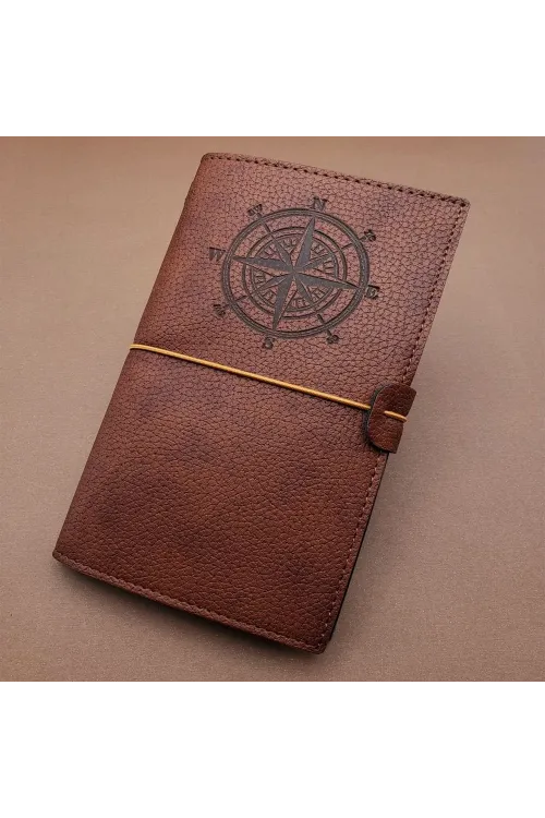 Kahverengi Pusula Temalı Deri Defter