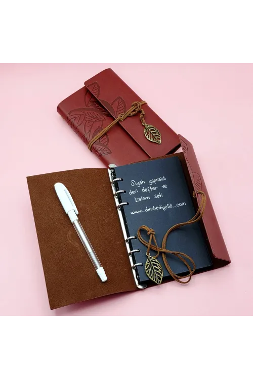 Kahverengi Siyah Yapraklı Deri Defter Ve Beyaz Jel Kalem Set