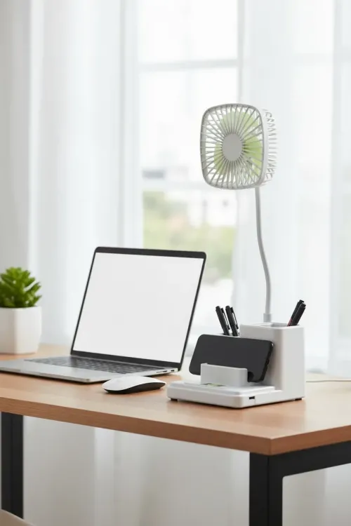 Kalemlikli Masa Üstü Vantilatör Usb Şarjlı Fan:8.9 Cm Ve Akrobat Ayak 23 Cm+kalemlik:36.5 Cm Telefonluk IEG7O88